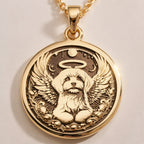 Angel Dog Rainbow Bridge Medallion Pendants 14K 14K Gold Plated dog with wings in a circular wreath pendant necklace