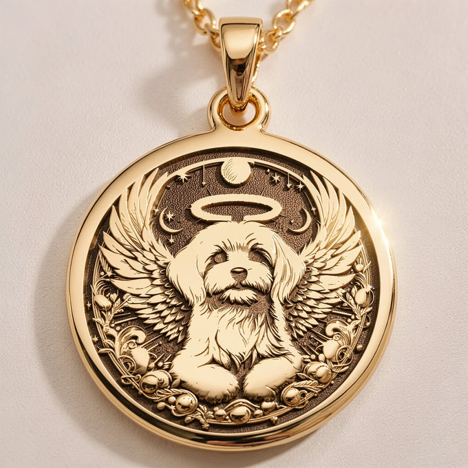 Angel Dog Rainbow Bridge Medallion Pendants 14K 14K Gold Plated dog with wings in a circular wreath pendant necklace