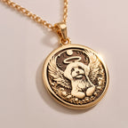 Angel Dog Rainbow Bridge Medallion Pendants 14K 14K Gold Plated dog with wings pendant necklace, round shape, detailed design.
