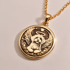 Angel Dog Rainbow Bridge Medallion Pendants 14K 14K Gold Plated winged dog pendant with halo and circular frame necklace