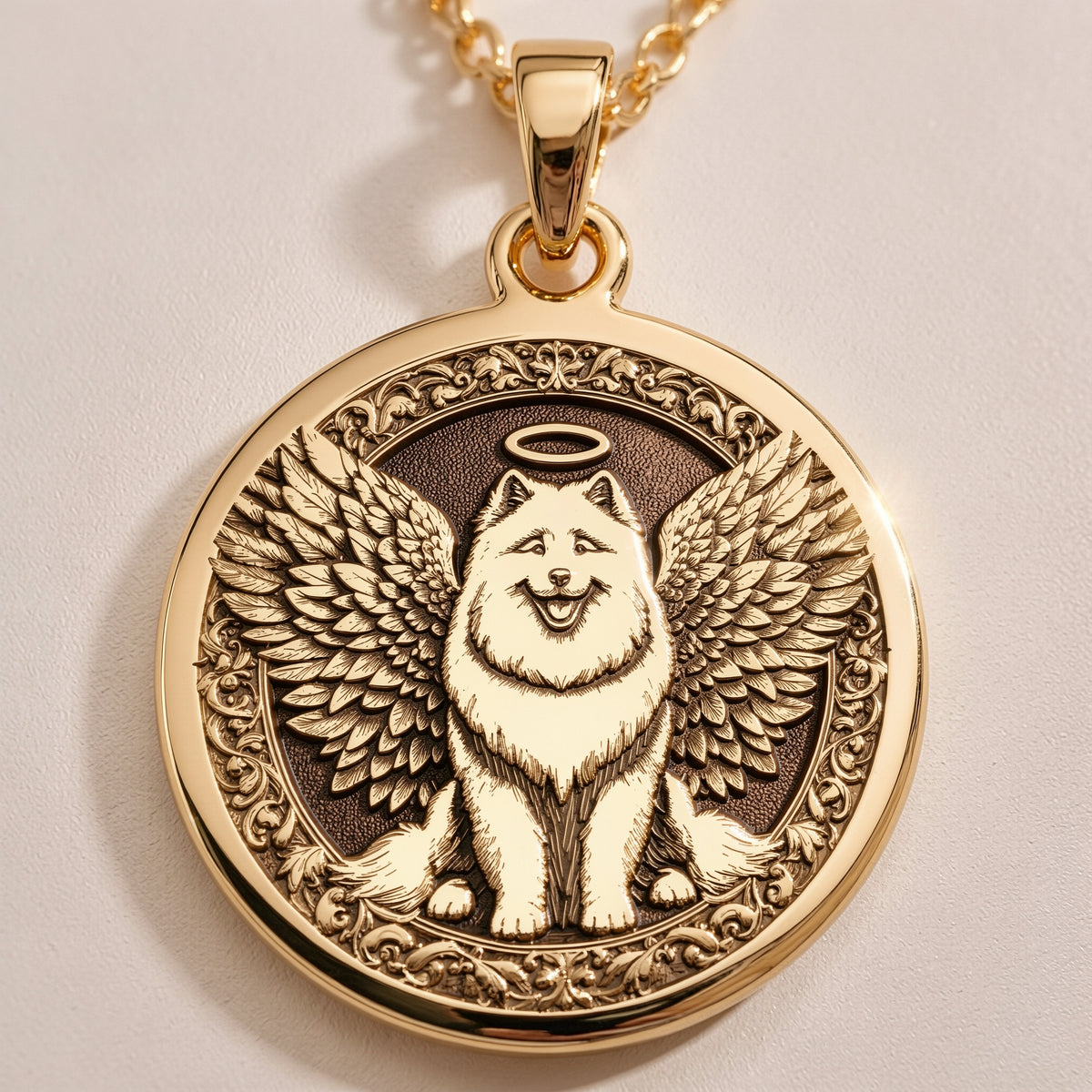14K Solid Gold Samoyed Angel Dog Medallion featuring beloved arctic breed with heavenly wings and halo. Detailed memorial talisman with fluffy white coat, smiling expression and ornate decorative border. Luxury Samoyed memorial jewelry gift.
