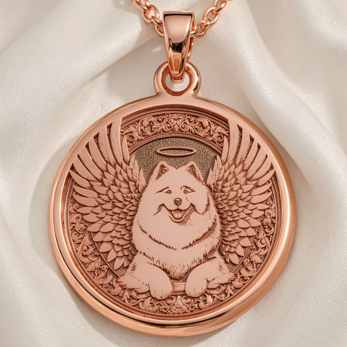 Angel Dog Samoyed Medallion | Silver & Plated Options - Pet Memorial Rainbow Bridge Charm - 14K Rose Gold Plated Front View