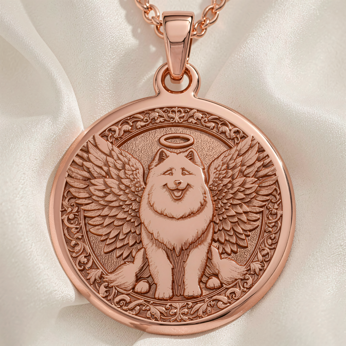 Samoyed Memorial Pendant Necklace - Rainbow Bridge Angel Dog - 14K Rose Gold Plated Front View