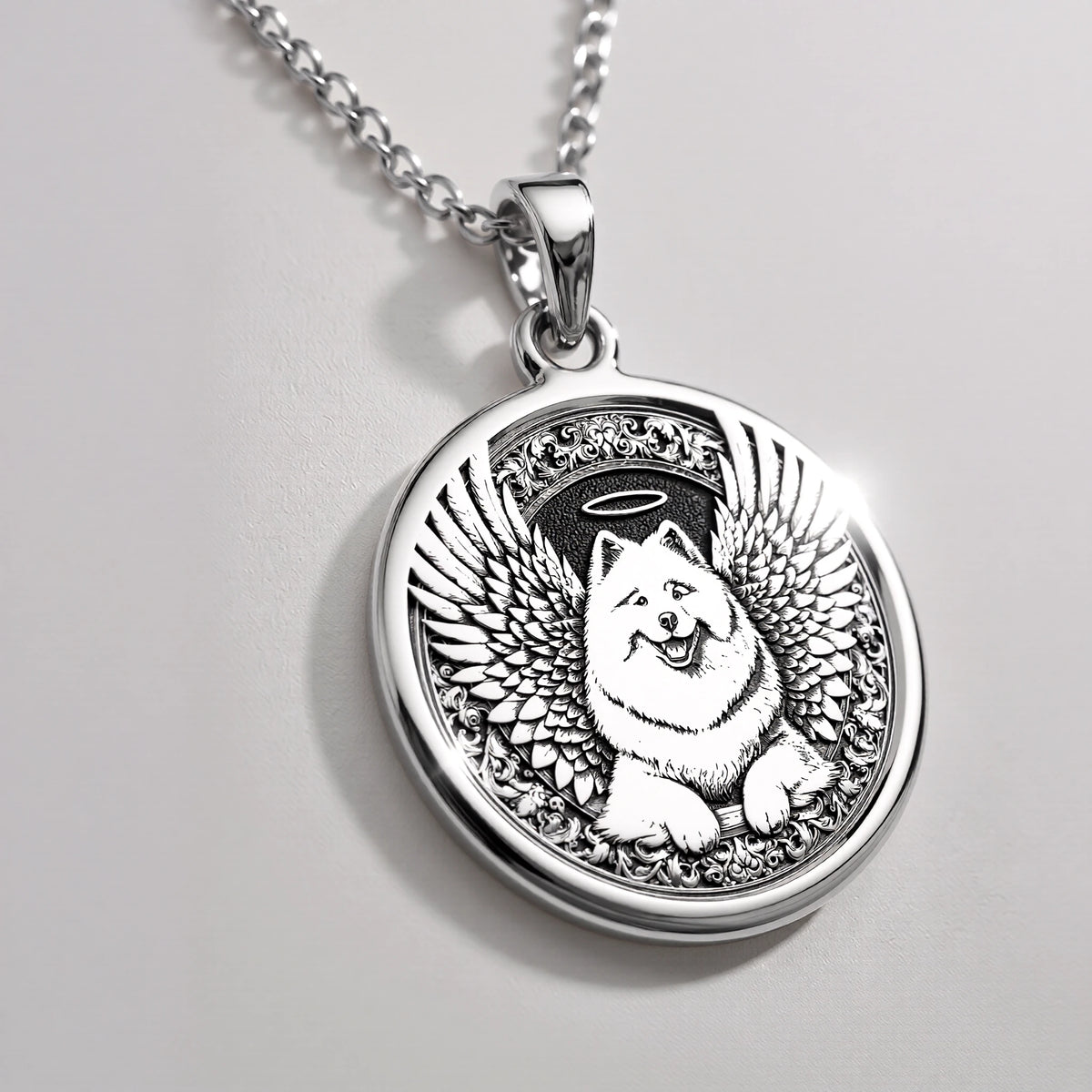 Angel Dog Samoyed Medallion Pendants 925 925 Sterling Silver dog with wings circular pendant necklace
