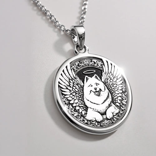 Angel Dog Samoyed Medallion Pendants 925 925 Sterling Silver dog with wings circular pendant necklace