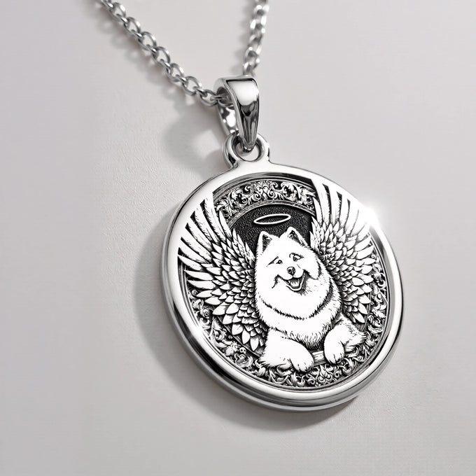 Angel Dog Samoyed Medallion Pendants 925 925 Sterling Silver dog with wings circular pendant necklace