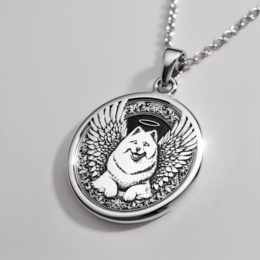 Angel Dog Samoyed Medallion Pendants 925 925 Sterling Silver winged dog pendant necklace with circular frame