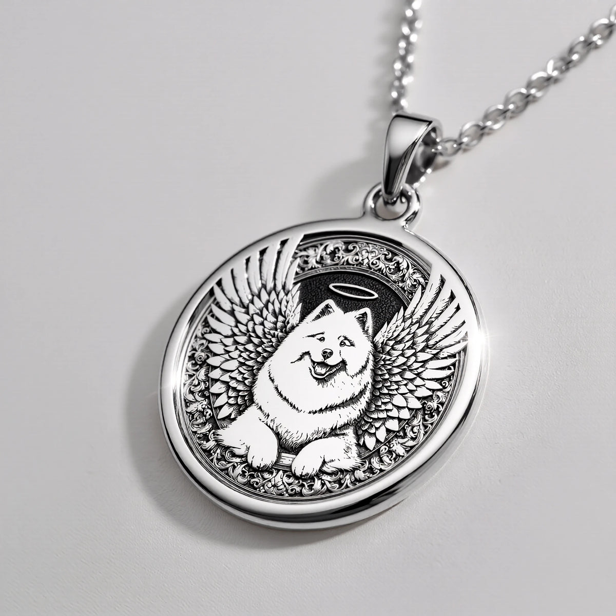 Angel Dog Samoyed Medallion Pendants 925 925 Sterling Silver winged dog pendant necklace with circular frame
