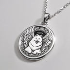Angel Dog Samoyed Medallion Pendants 925 925 Sterling Silver winged dog pendant necklace with circular frame