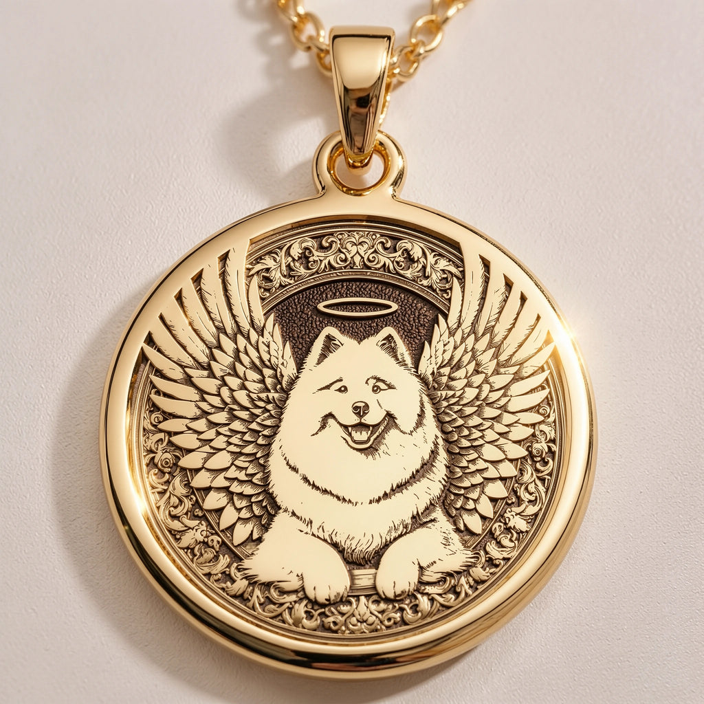 Angel Dog Samoyed Medallion Pendants 14K 14K Gold Plated dog with wings pendant necklace, ornate frame, luxury jewelry