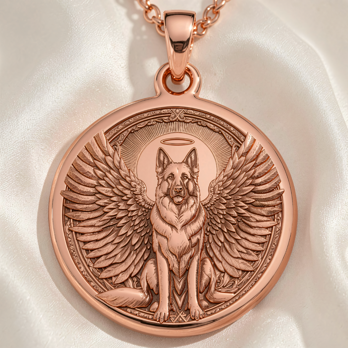 German Shepherd Memorial Pendant Necklace - Rainbow Bridge - 14K Rose Gold Plated Front View