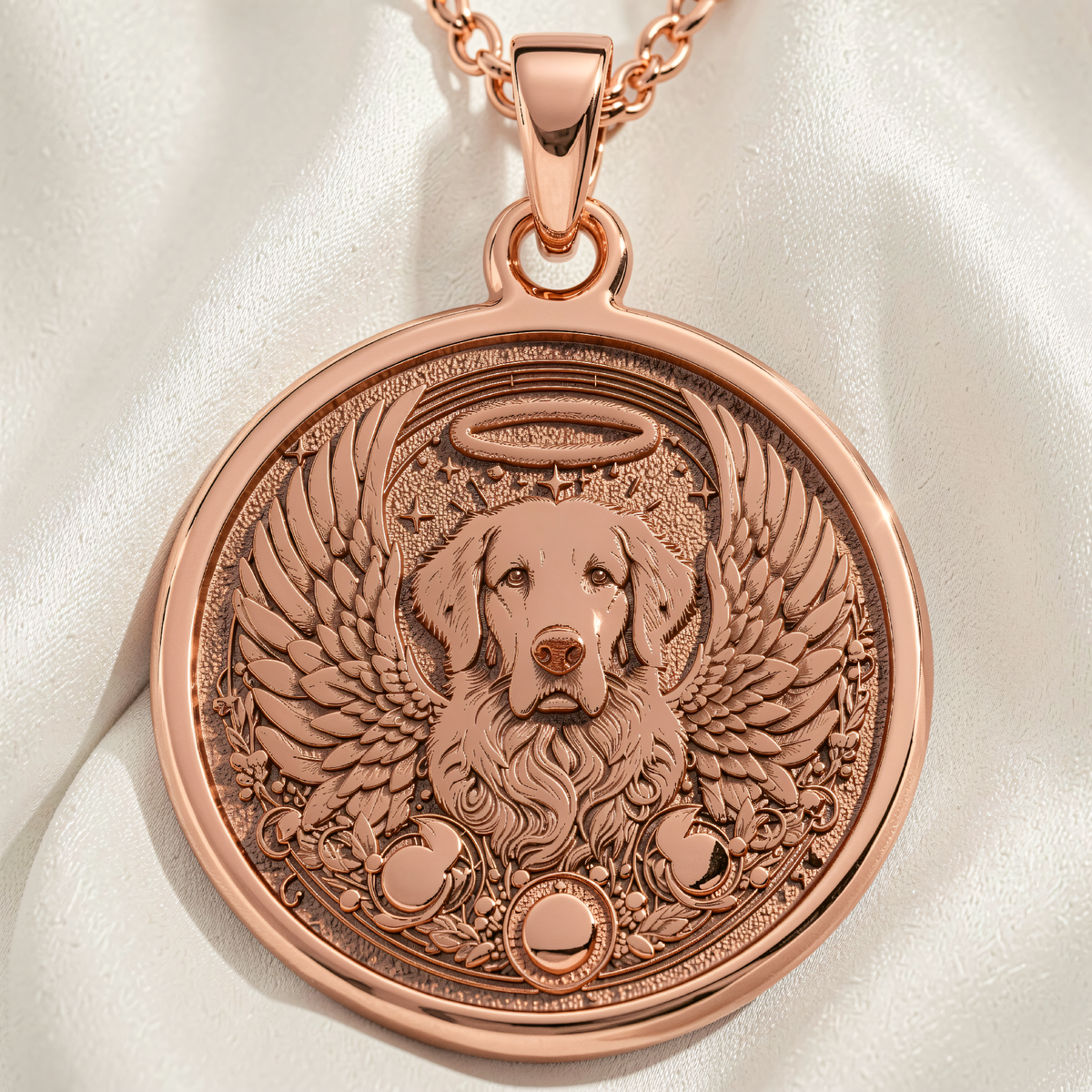 Golden Retriever Memorial Pendant Necklace - Rainbow Bridge - 14K Rose Gold Plated Front View
