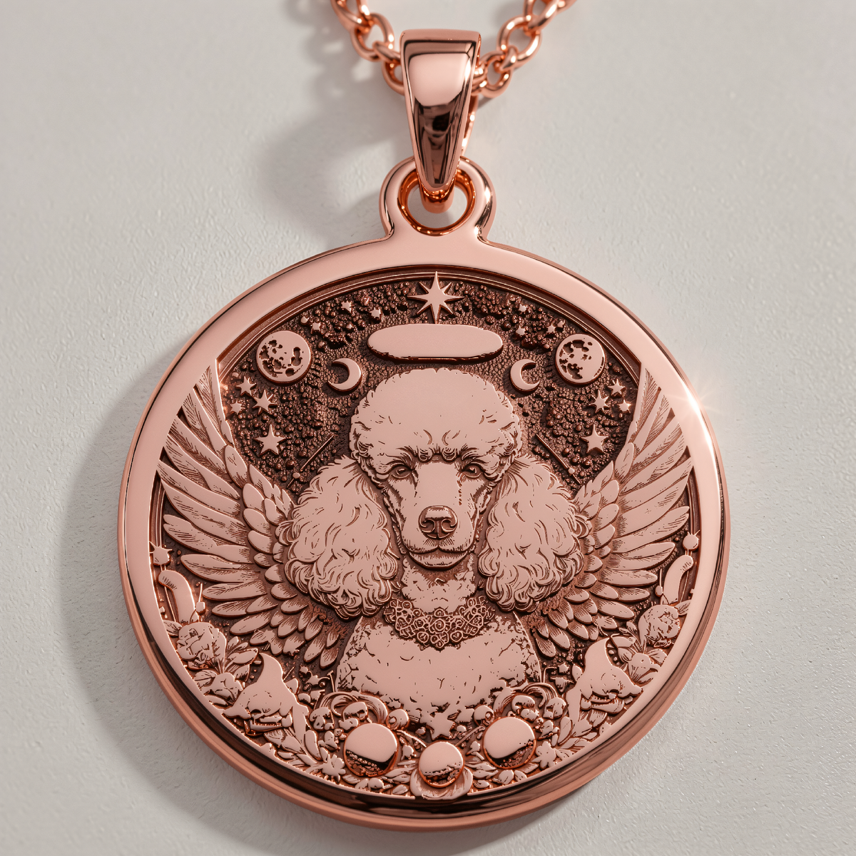 Angel Poodle Dog Medallion Pendant in a polished rose gold finish.