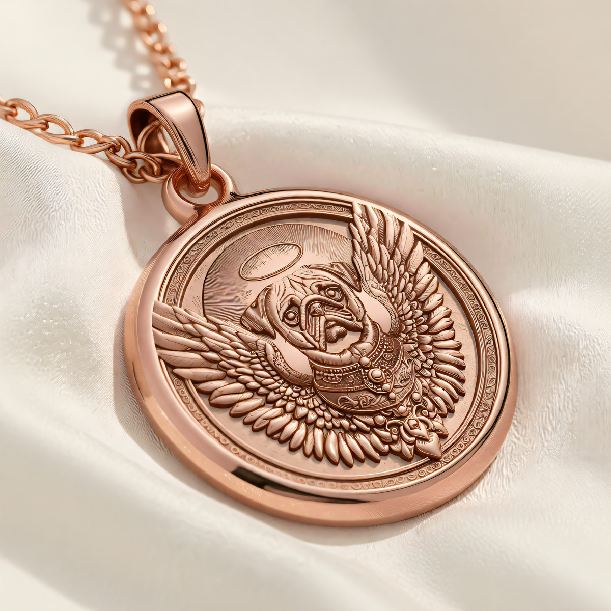 Angel Pug Dog Guardian Medallion | Silver & Plated Options - Pet Memorial Spirit Animal - 14K Rose Gold Plated Front Right Angle
