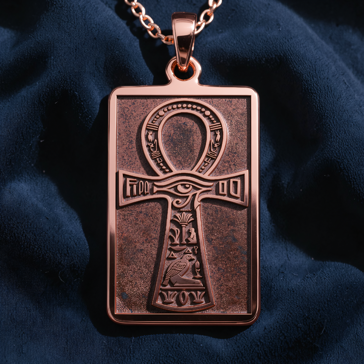 Rose gold plated rectangular pendant with an engraved ankh and Eye of Horus, on blue velvet