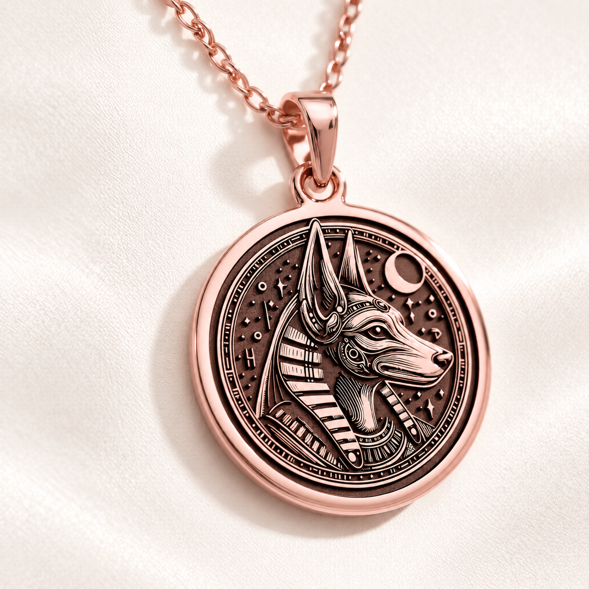 Anubis Pendant Necklace - Egyptian Jackal God Amulet - 14K Rose Gold Plated