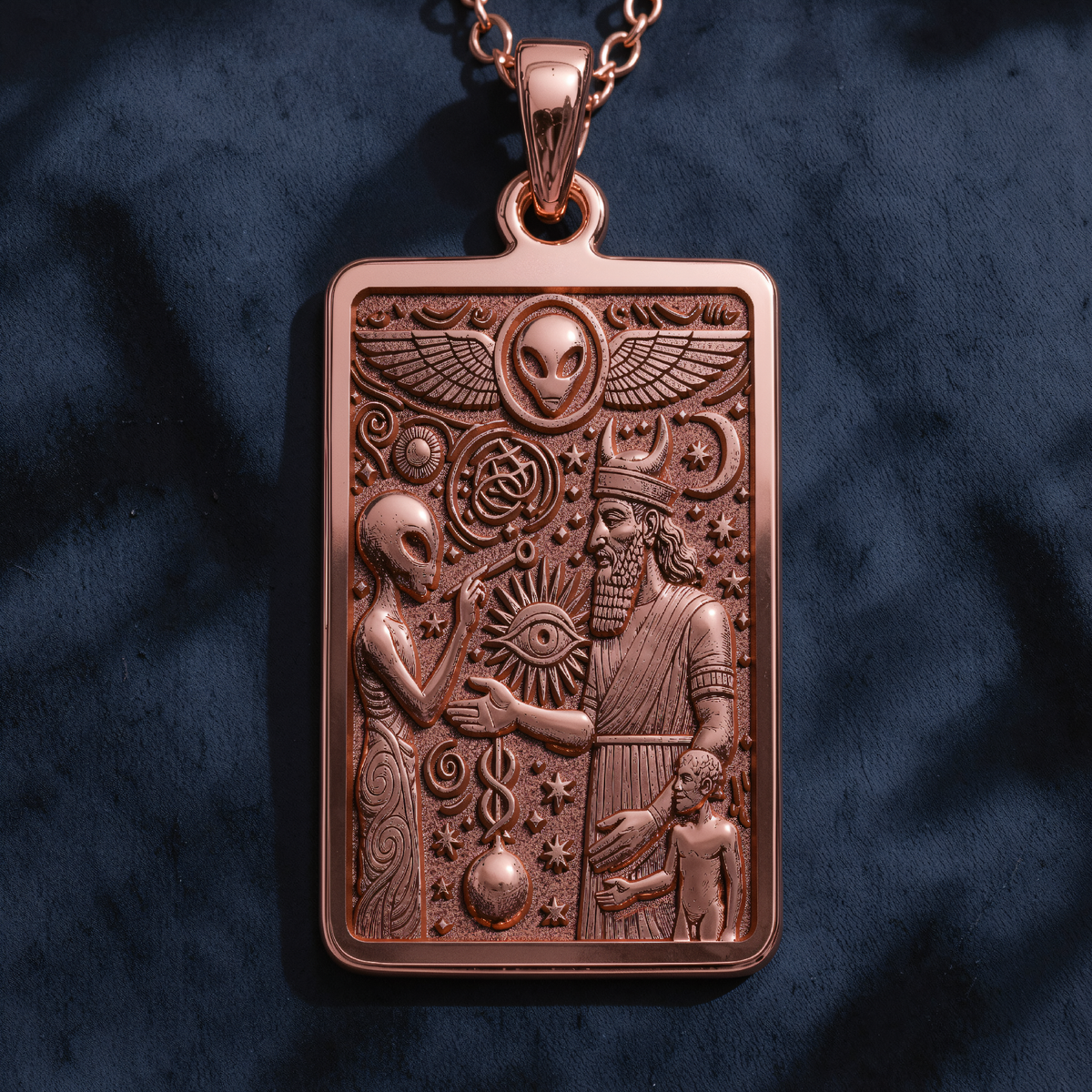 Anunnaki Alien Necklace in a polished rose gold finish.