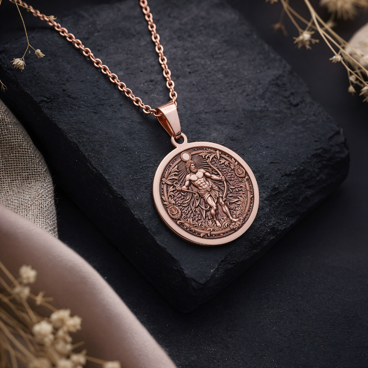 Apollo Music God Pendant in a polished rose gold finish.
