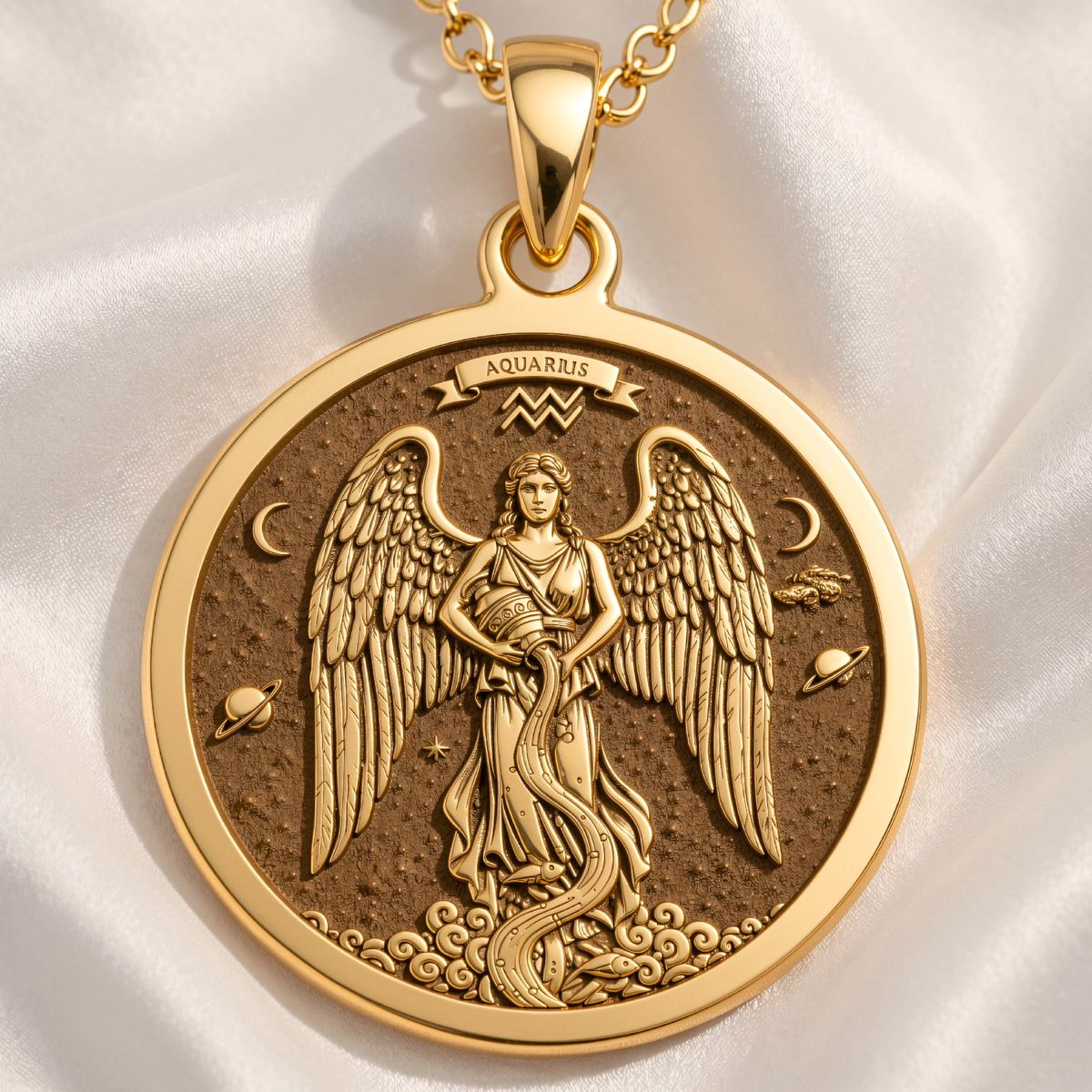 Aquarius Pendant Necklace - Water Bearer Zodiac Sign - 14K Gold Plated