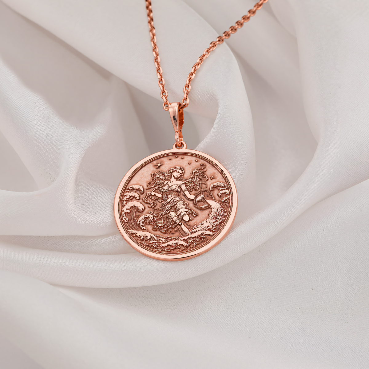 Aquarius Water Bearer Necklace in a polished rose gold finish.