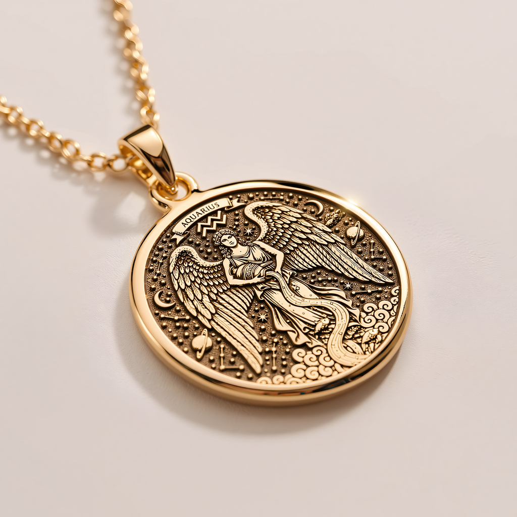 Aquarius Water Bearer Necklace - 14K Solid Gold, Left Angle View