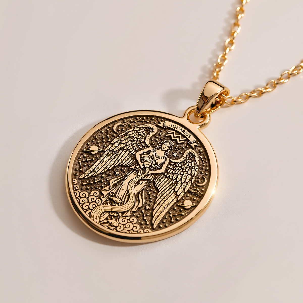 Aquarius Water Bearer Necklace - 14K Solid Gold, Right Angle View