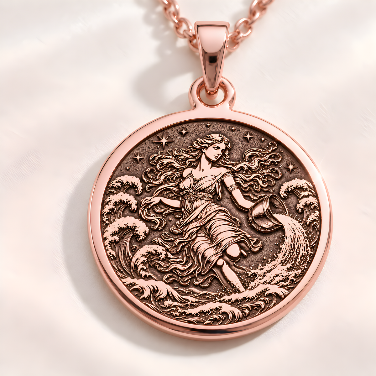 Aquarius Water Bearer Necklace – Ocean Waves - 14K Rose Gold Plated