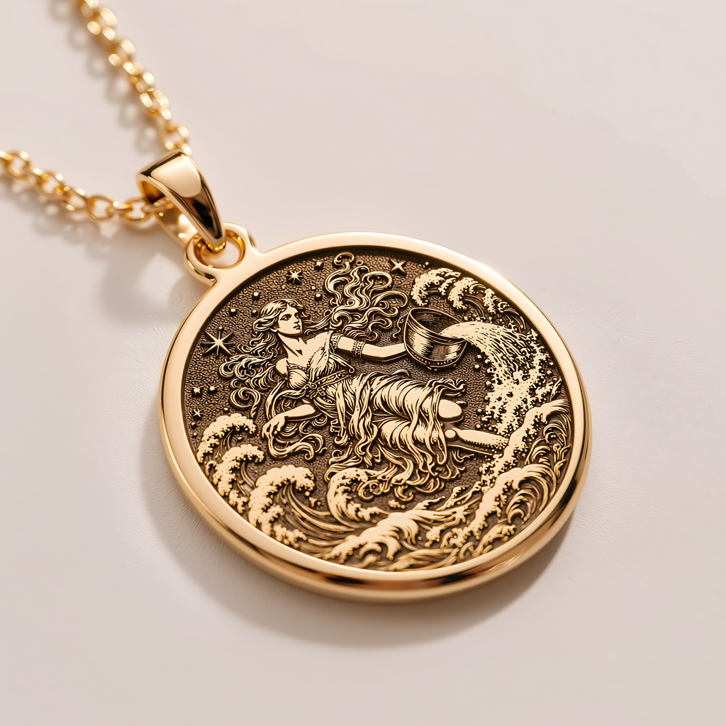 Aquarius Water Bearer Necklace – Ocean Waves - 14K Solid Gold, Left Angle View