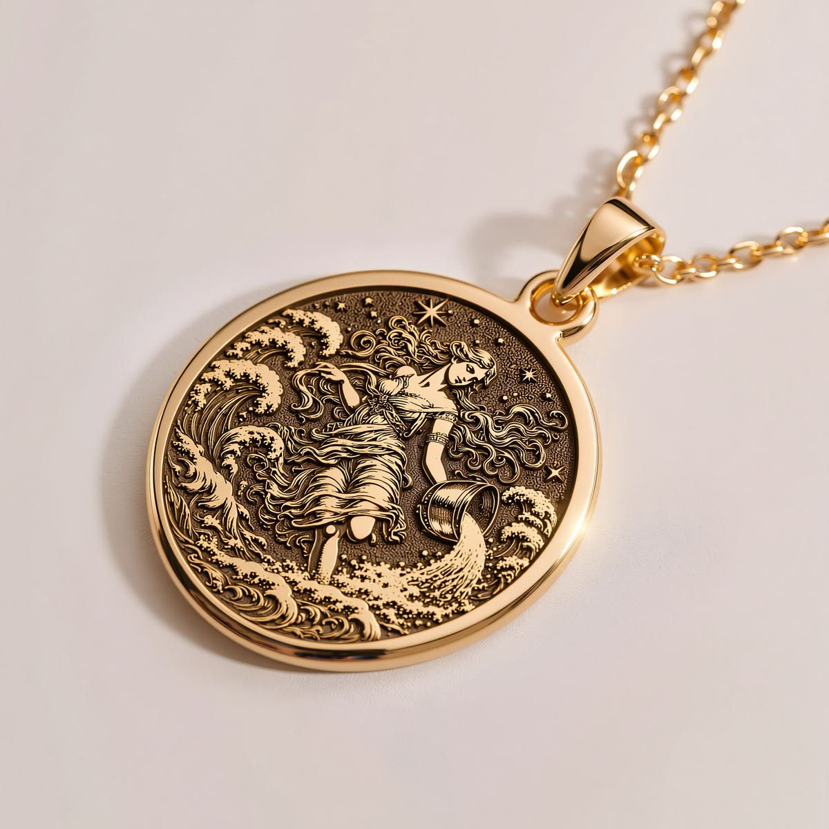 Aquarius Water Bearer Necklace – Ocean Waves - 14K Solid Gold, Right Angle View