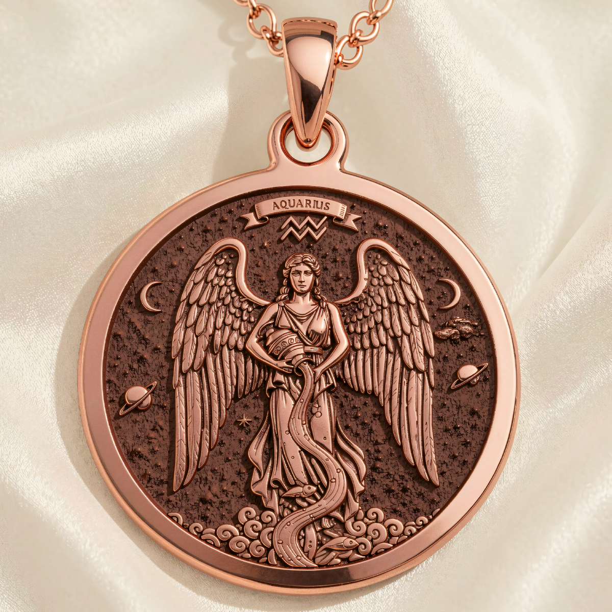 Aquarius Water Bearer Necklace – Winged Guardian in 14K rose gold plated front view showing the zodiac medallion.