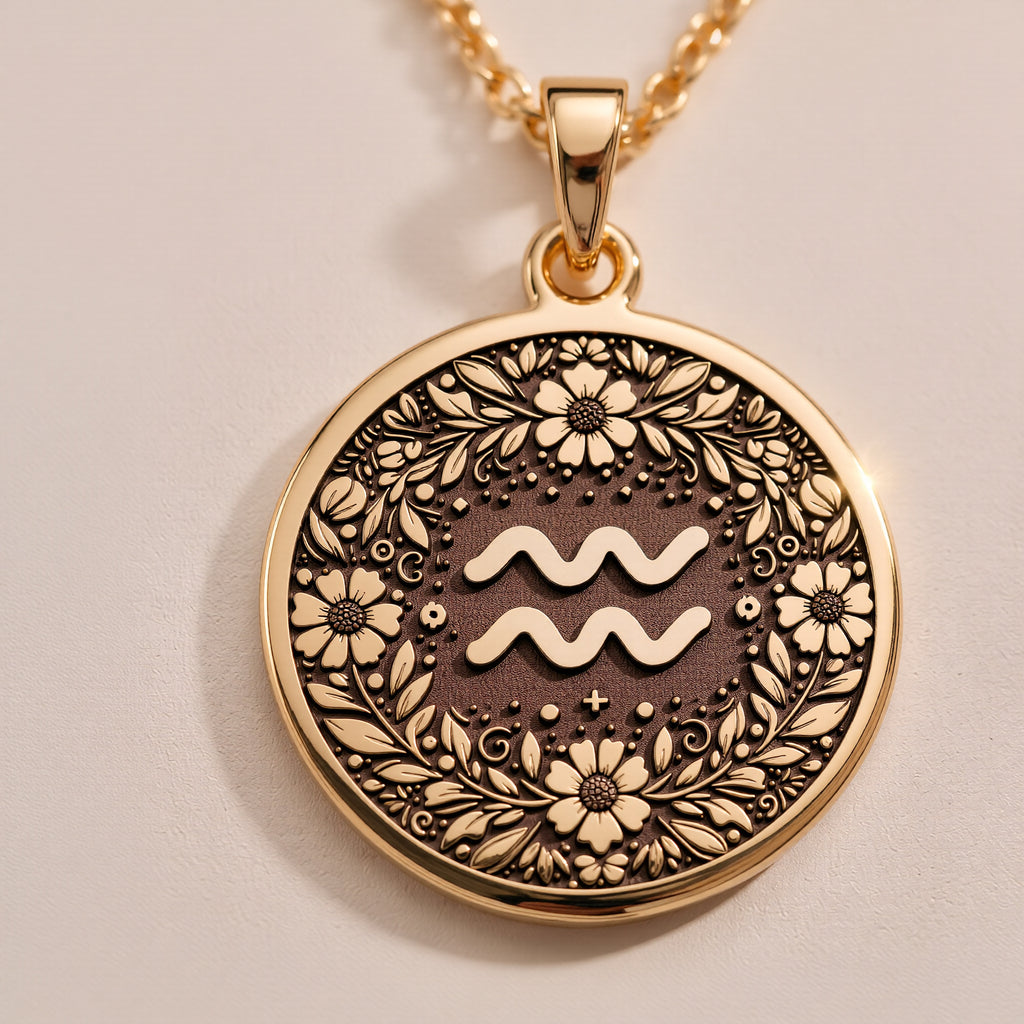 Aquarius Zodiac Medallion - 14K Solid Gold