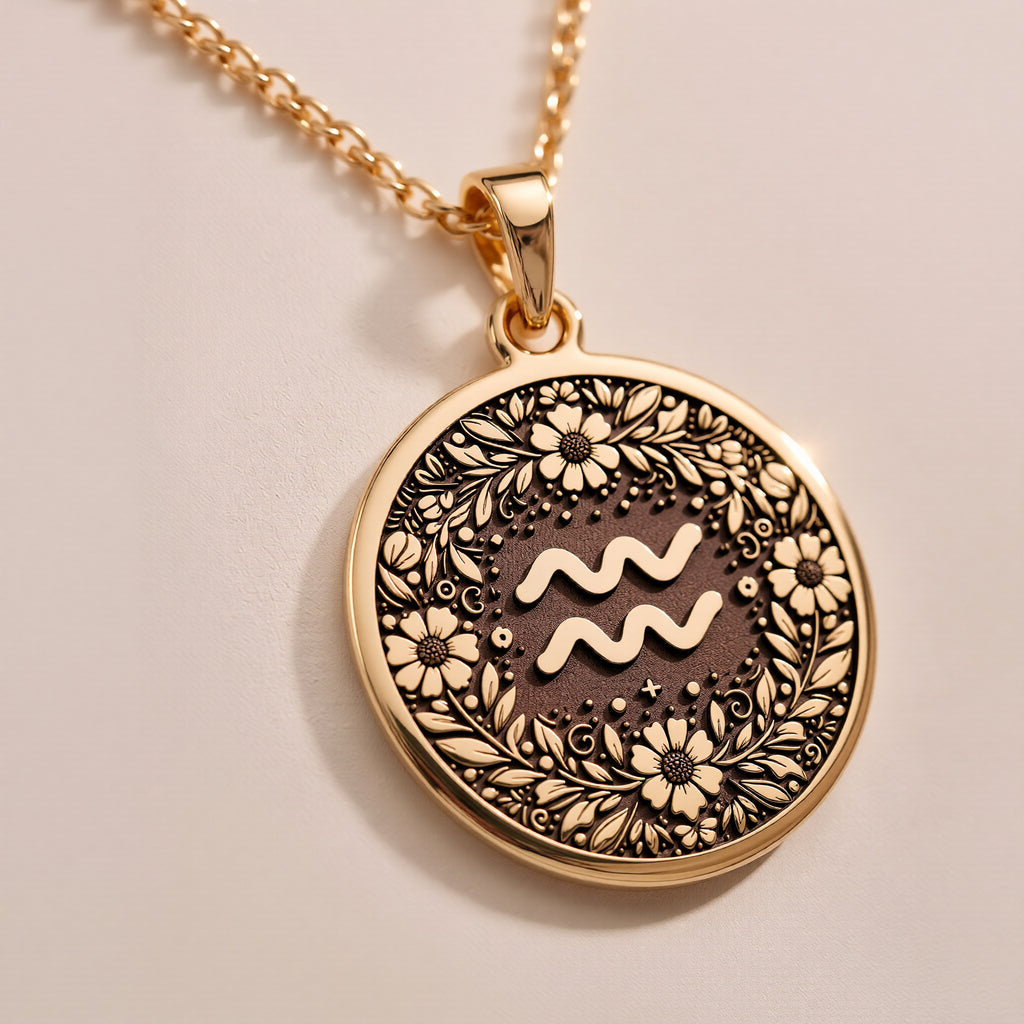 Aquarius Zodiac Medallion pendant in 14K gold showing the water-bearer symbol surrounded by an engraved floral wreath.