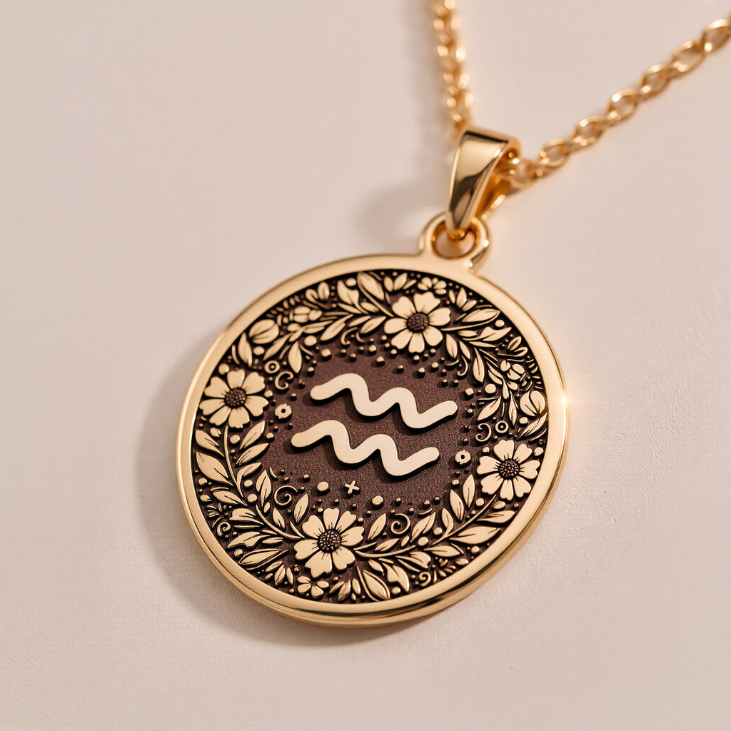14K Solid Gold Aquarius Zodiac Medallion featuring water bearer symbol surrounded by intricate floral botanical patterns and decorative elements. Detailed astrology coin pendant with celestial symbolism. Luxury Aquarius jewelry representing cosmic wi