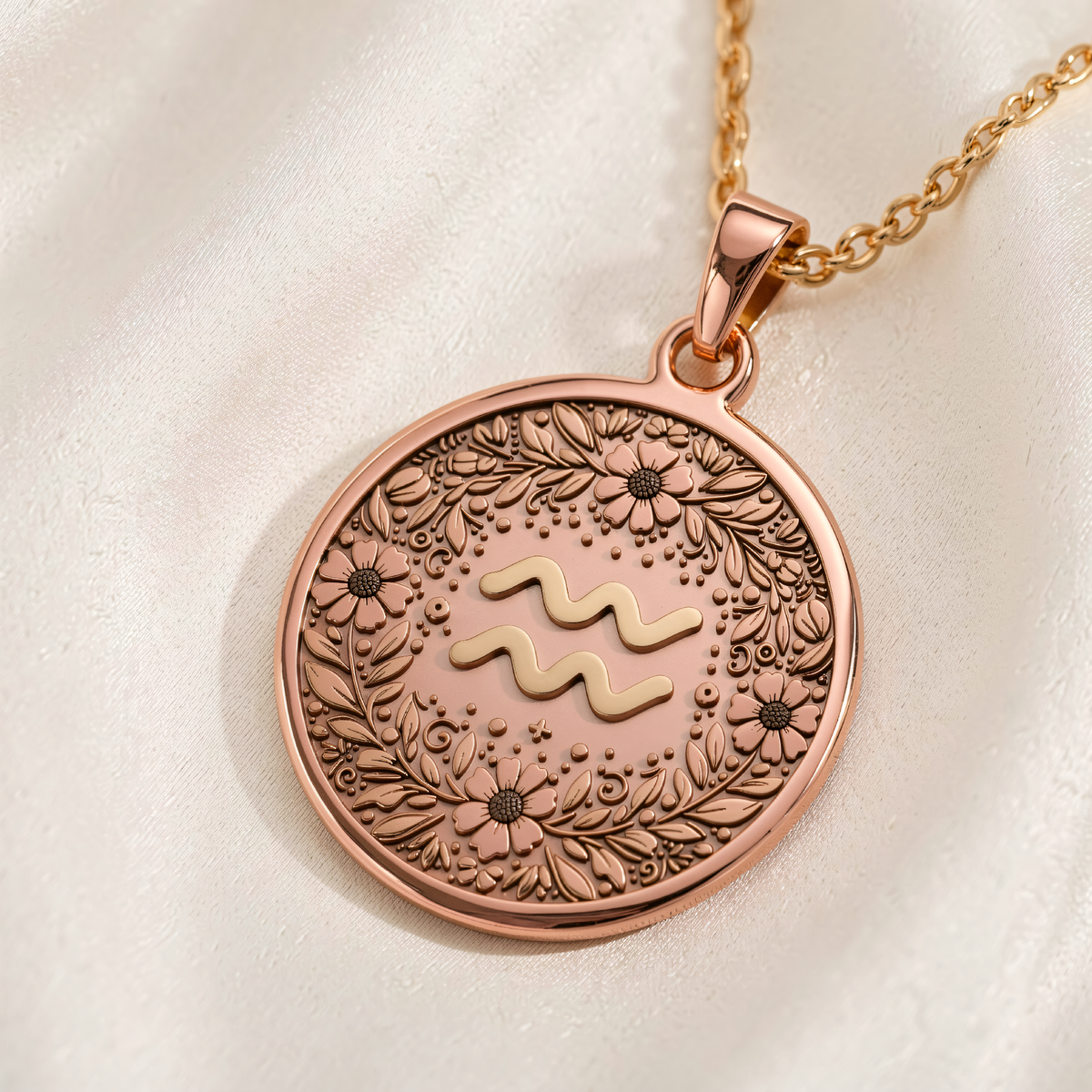 Aquarius Zodiac Pendant Medallion - Birthday Star Sign Gift - 14K Rose Gold Plated Front View