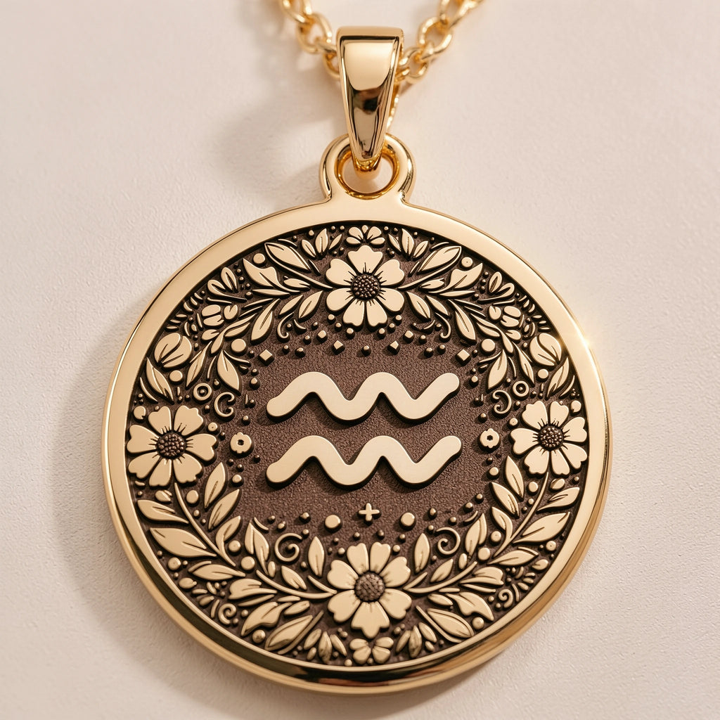 Aquarius Zodiac Medallion - Astrological Sign Birthdate Jewelry - Görsel 1, 14K gold zodiac