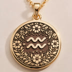 Aquarius Zodiac Medallion - Astrological Sign Birthdate Jewelry - Görsel 1, 14K gold zodiac