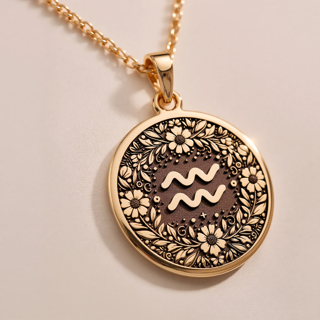 Aquarius Zodiac Medallion - Astrological Sign Birthdate Jewelry - Görsel 2, 14K gold zodiac