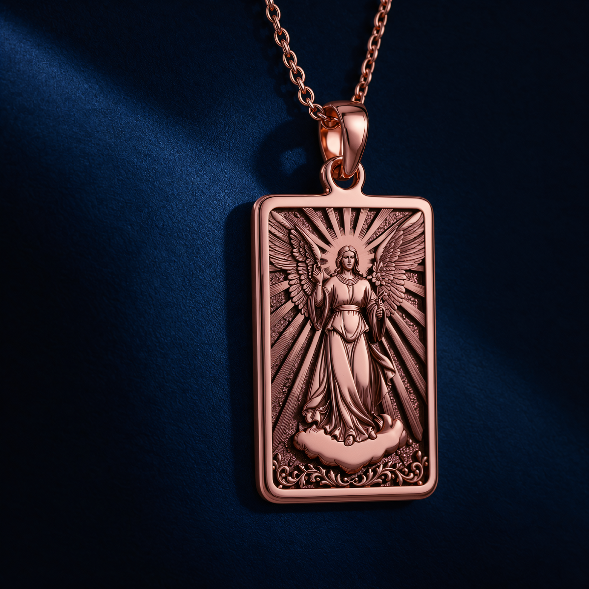 Archangel Gabriel Messenger Angel Pendant in a polished rose gold finish.