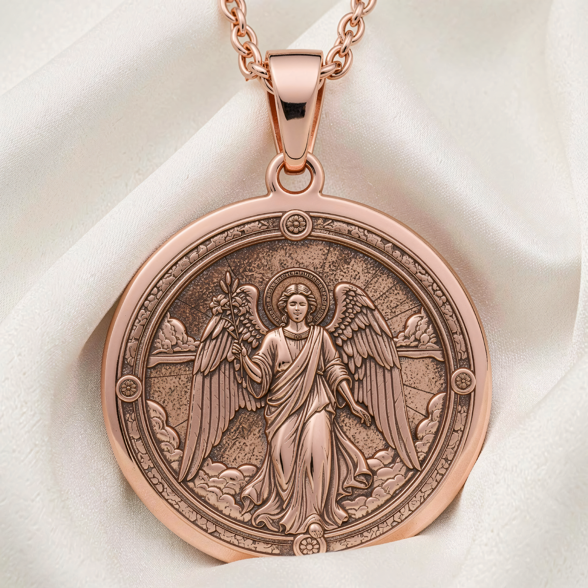 Archangel Gabriel Trumpet Medallion Necklace | Silver & Plated Options - Christian Art Jewelry Gift - 14K Rose Gold Plated Front View