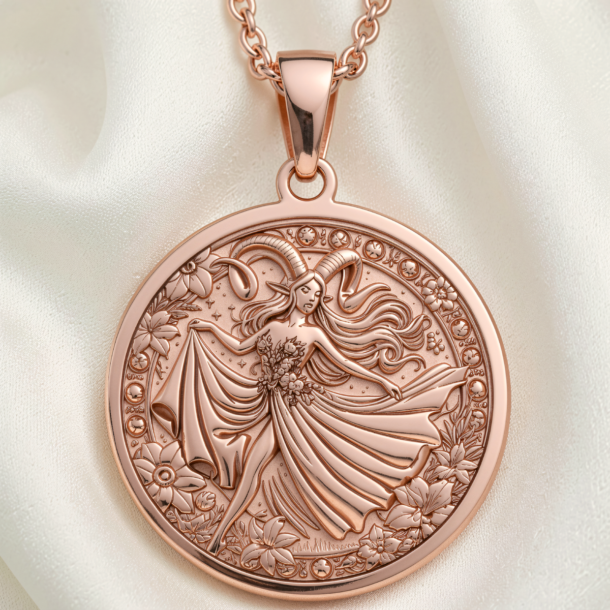 Aries Zodiac Astrological Sign Necklace in 14K Rose Gold Plated, front view of circular pendant featuring engraved female figure with ram horns holding flowers.