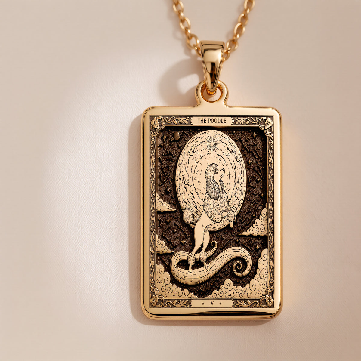 A polished 14K solid gold Poodle medallion. This fine pet jewelry represents the breed's artistic grace, making it a perfect Poodle lover gift.