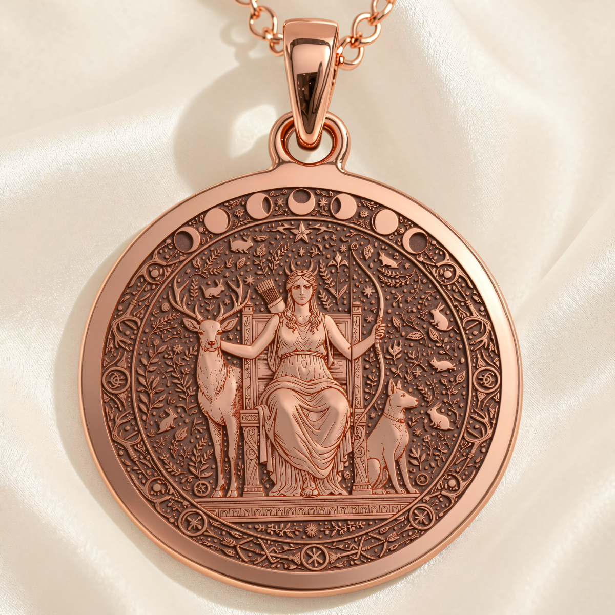 Artemis Goddess of the Hunt Coin Pendant | Silver & Plated Options - Ancient Mythology Protection Talisman - 14K Rose Gold Plated Front View