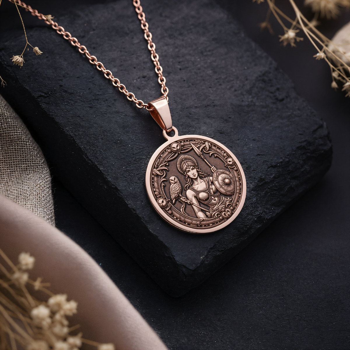 Rose gold plated coin pendant showing the goddess Athena with spear and shield, on dark stone