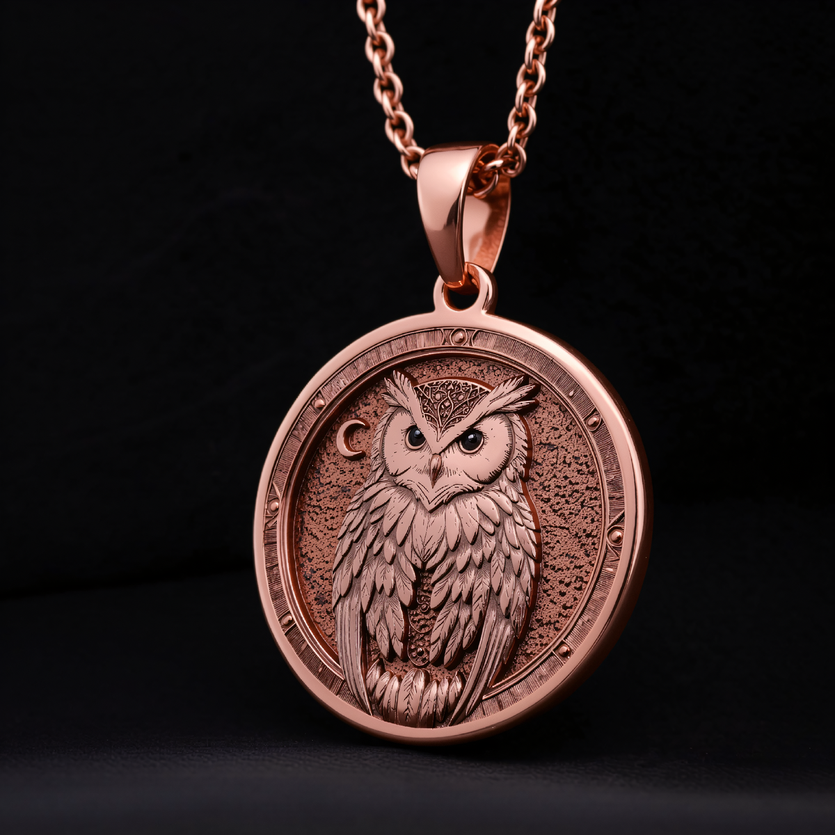 Athena Owl Medallion Pendant in a polished rose gold finish.