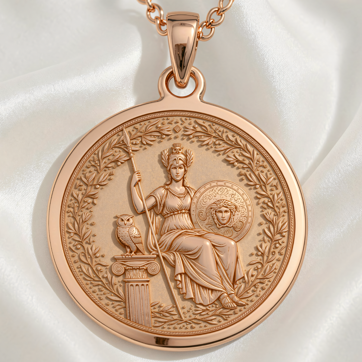 Athena Wisdom Medallion Pendant | Silver & Plated Options - Ancient Mythology Protection Talisman - 14K Rose Gold Plated Front View