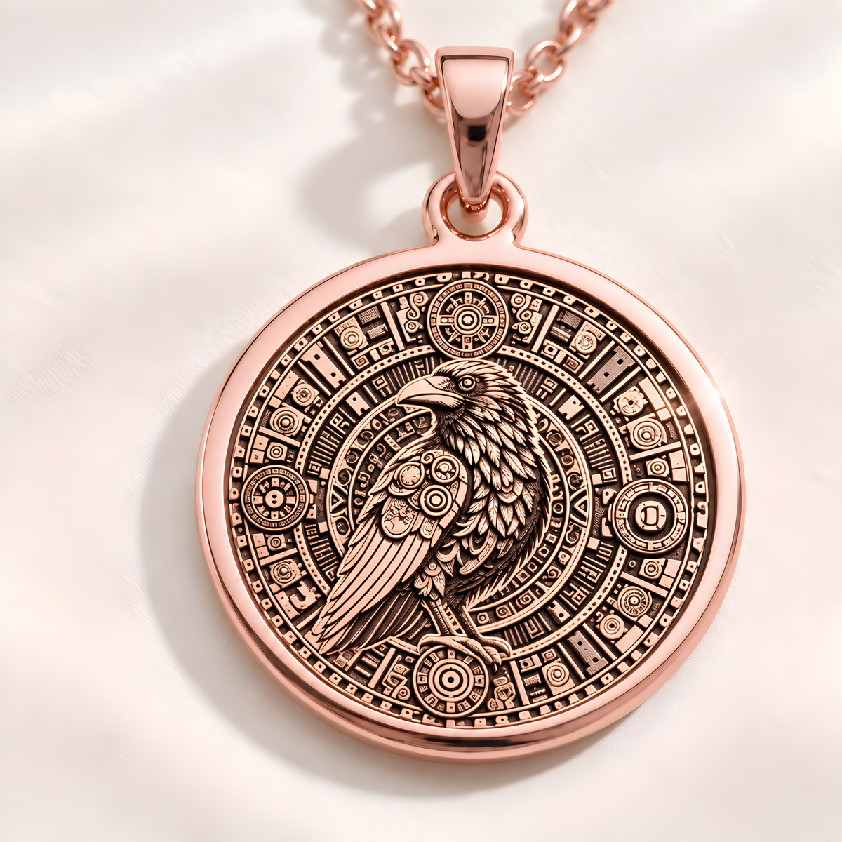 Aztec Calendar Raven Pendant - 14K Rose Gold Plated