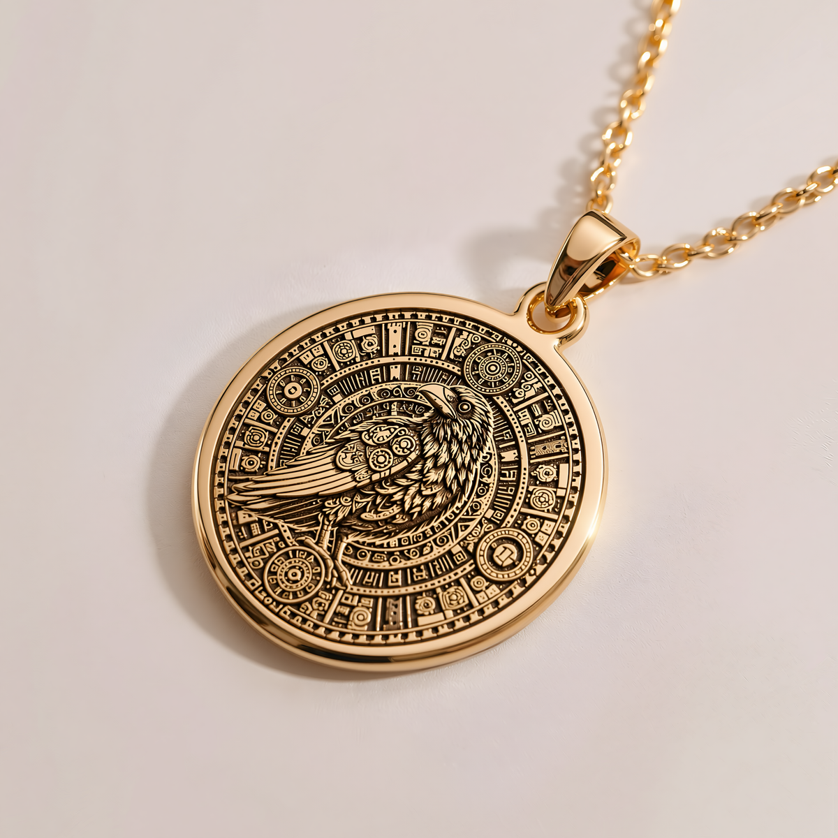 Aztec Calendar Raven Pendant - 14K Solid Gold, Right Angle View