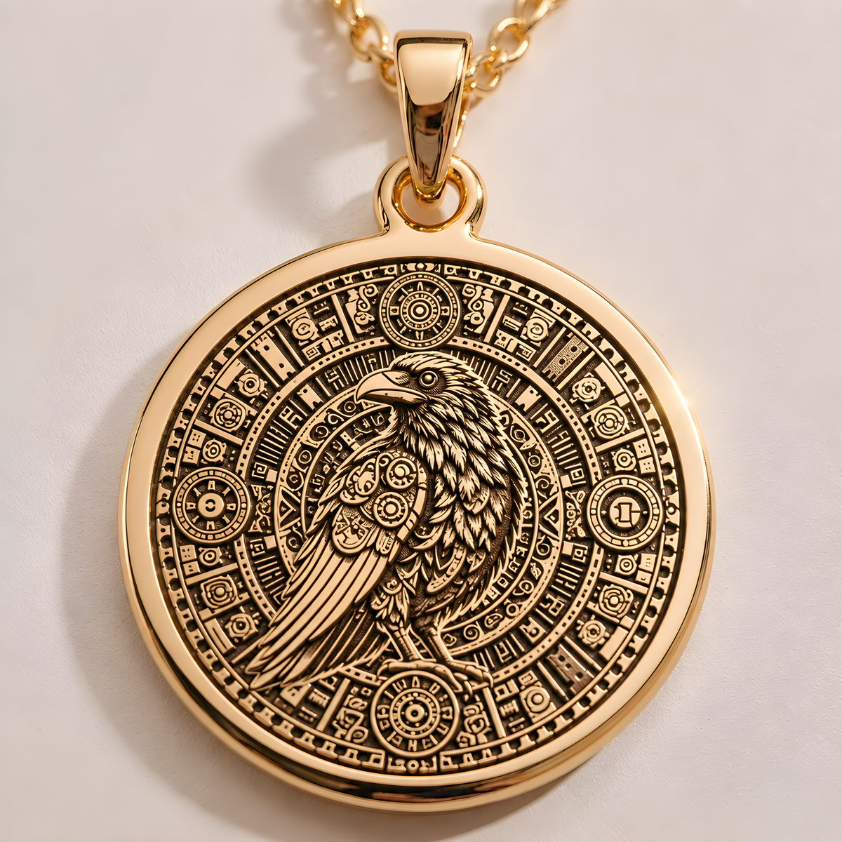 14K Gold Raven Pendant Necklace with intricate Aztec calendar design, perfect for mythology lovers. Ideal gift for anniversaries, birthdays, or special occasions. A timeless gold piece blending cultural symbolism and style.