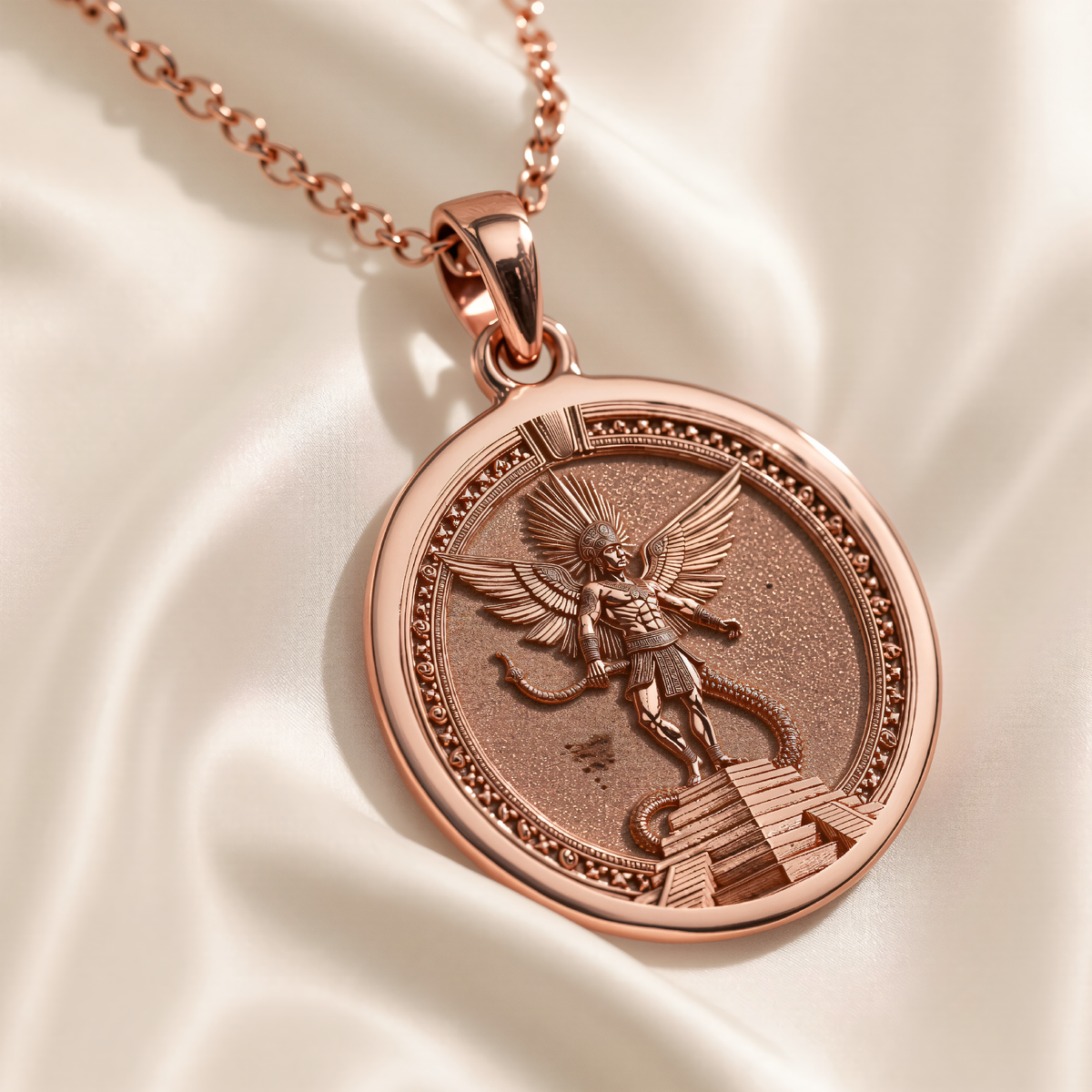 Rose gold plated round pendant engraved with the winged Aztec sun god above a pyramid