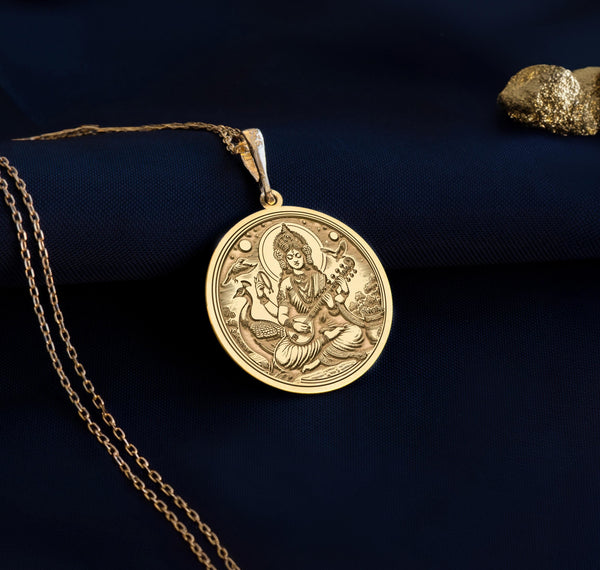 Saraswati gold necklace, Gold Saraswati pendant,Saraswati charm necklace, Saraswati gold jewelry, Goddess Saraswati pendantGold Hindu charm, Saraswati gold charm, Gold Saraswati necklace, Saraswati goddess jewelry, Hindu gold pendant